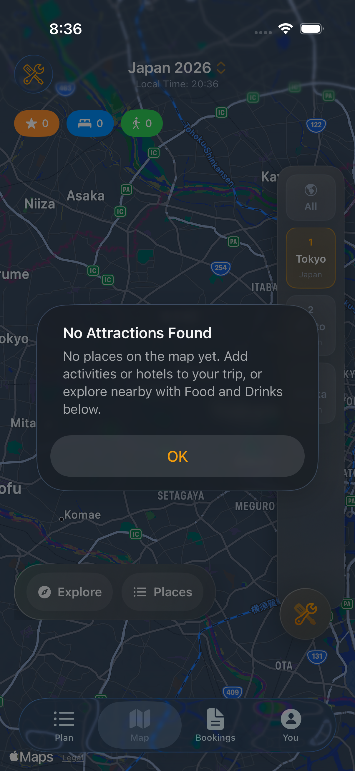 Interactive trip map with destinations
