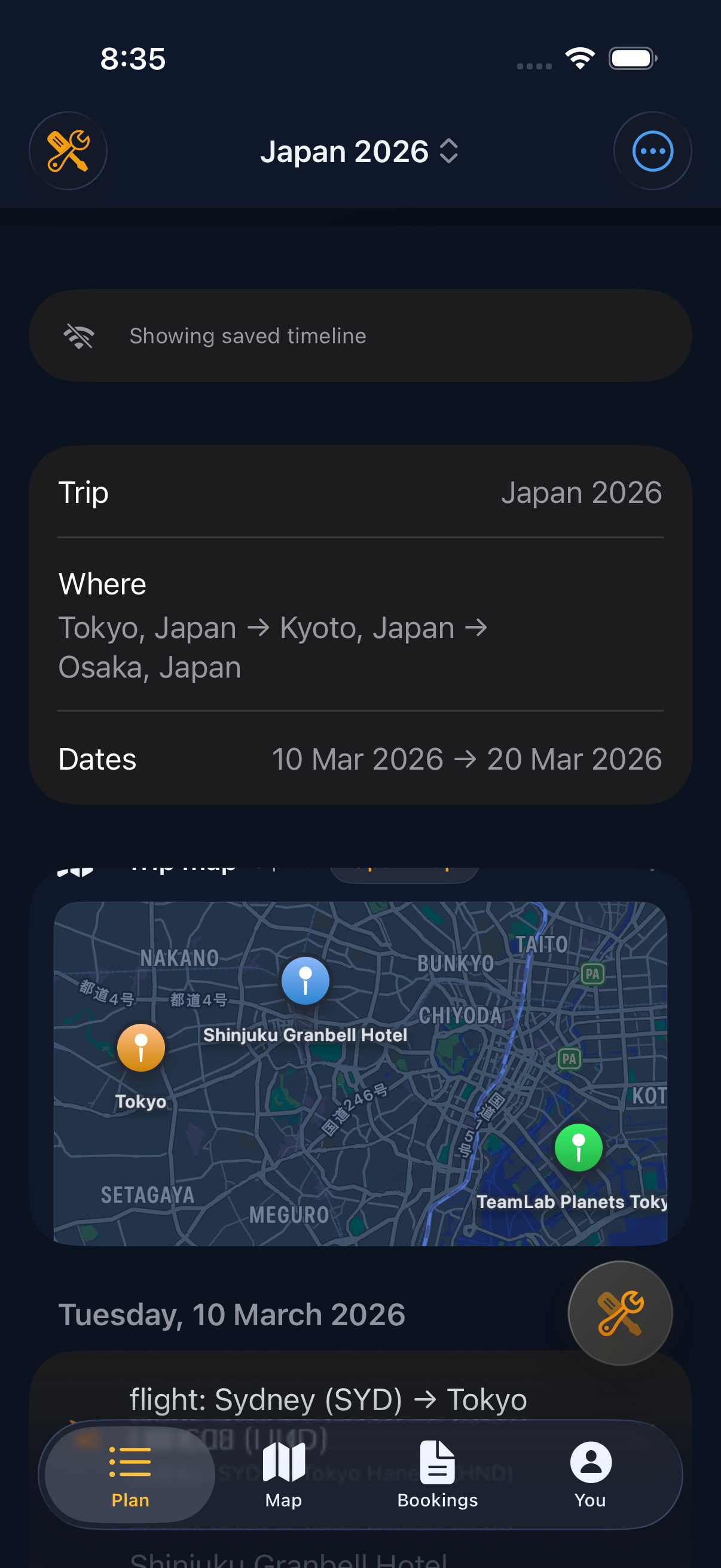 Shared trip timeline with flights and hotels
